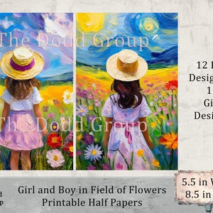 Könnte beinhalten: Zwei digitale, druckbare Halbseitenpapiere mit einem Mädchen und einem Jungen, die in einem Blumenfeld stehen. Das Mädchen trägt ein rosa Kleid und einen Strohhut mit einem violetten Band. Der Junge trägt ein weißes Kleid und einen Strohhut. Der Hintergrund ist ein Blumenfeld in den Farben Rosa, Lila, Gelb und Blau. Der Text "The Dodd Group" ist in der oberen linken Ecke des Bildes sichtbar.