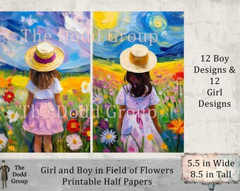 Boy & Girl in a Field of Flowers Acrylic Paint Style 24 Digital Images Half Paper Designs PDF Digital Download DIY Crafts Art The Dodd Group