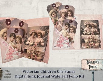 Victorian Children Christmas Digital Junk Journal Folio Kit – 5-Flap Waterfall with Side Pocket & Tags in Soft Pink Theme