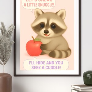 Póster infantil de mapache – Póster infantil de animales kawaii – Descarga digital – Imprimible de escondite – Decoración para habitación de bebé