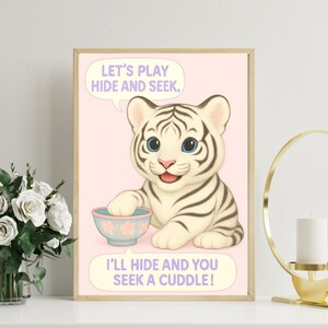 Póster infantil de tigre blanco – Póster infantil de animales kawaii – Descarga digital – Imprimible de escondite – Decoración para habitación de bebé