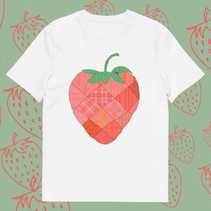 Unisex Patchwork Strawberry T-Shirt | Cottagecore Graphic Tee | Aesthetic Vintage Style Top | Soft Comfy Fruit Shirt