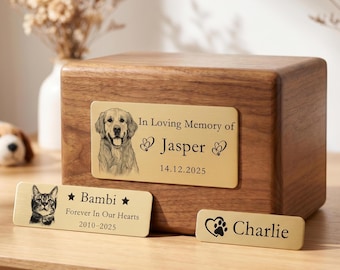 Personalized Pet Portrait Memorial Urn Plaque, Pet Memorial Plate, Engraved Name Plaque for Dog Cat Ash Box, Custom Name Sign for Pet Loss