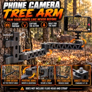 May include: A black metal phone camera tree arm with a three-section pivoting design, a serrated tree grip mount, and a standard 1/4-inch threaded top screw. The device features a triangular truss structure for stability and adjustable joints.