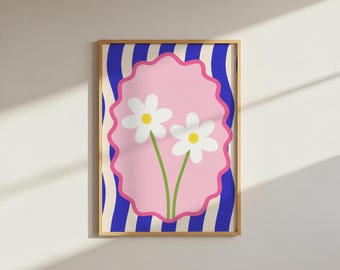 Póster de arte de pared con diseño floral ondulado de margaritas rosas y azules, descarga digital, decoración de dopamina divertida.