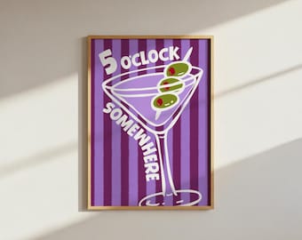 5 en punto en algún lugar: impresión de pared con cóctel a rayas y martini de oliva (descarga digital PNG)