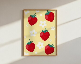 Strawberry Daisy Print: Funky Floral Wall Art (Digital Download A4 PNG File)