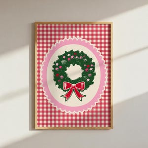 Christmas gingham bow wreath digital download wall art poster