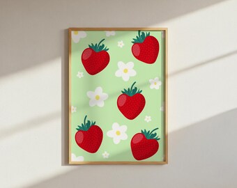Strawberry Daisy Print: Funky Floral Wall Art (Digital Download A4 PNG File)