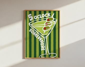 5 en punto en algún lugar: impresión de pared con cóctel a rayas y martini de oliva (descarga digital PNG)