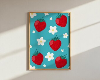 Strawberry Daisy Print: Funky Floral Wall Art (Digital Download A4 PNG File)