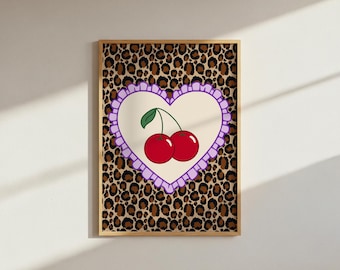 Leopard Print Cherry Heart Art: Funky Wavy Decor (Digital Download A4 PNG File)