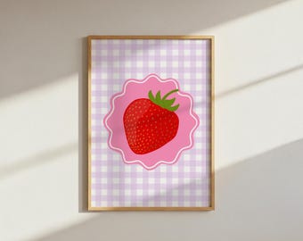 Gingham strawberry flowers summer spring pink wavy drawing digital download wall art dopamine decor