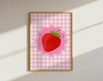 Gingham strawberry flowers summer spring pink wavy drawing digital download wall art dopamine decor