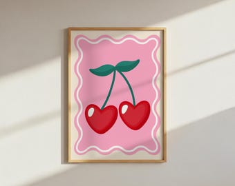 Impresión de cerezas divertidas: dibujo de fruta ondulada rosa, decoración de dopamina (descarga digital, archivo PNG A4)