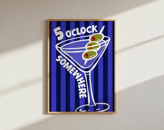 5 en punto en algún lugar: impresión de pared con cóctel a rayas y martini de oliva (descarga digital PNG)
