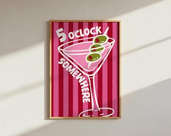 5 en punto en algún lugar: impresión de pared con cóctel a rayas y martini de oliva (descarga digital PNG)
