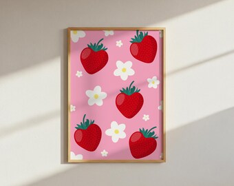 Strawberry Daisy Print: Funky Floral Wall Art (Digital Download A4 PNG File)