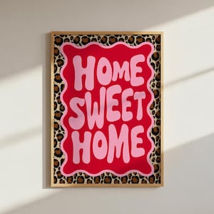 Stampa leopardata Home Sweet Home Art: decorazioni ondulate e funky (file PNG A4 scaricabile digitalmente)