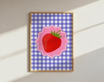 Gingham strawberry flowers summer spring pink wavy drawing digital download wall art dopamine decor