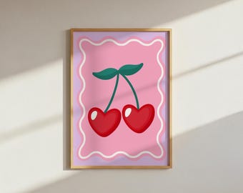 Impresión de cerezas: dibujo ondulado de frutos rojos - Dopamine Decor (Descarga digital, archivo PNG A4)