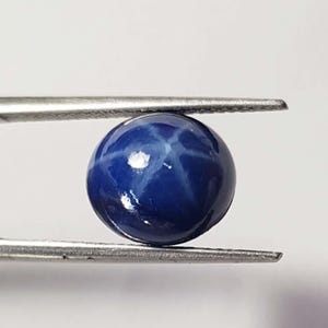 May include: A spherical, polished, dark blue gemstone displaying a six-rayed star pattern. The gem is held by metal tweezers against a white backdrop. The star effect is due to light reflecting off inclusions within the stone.