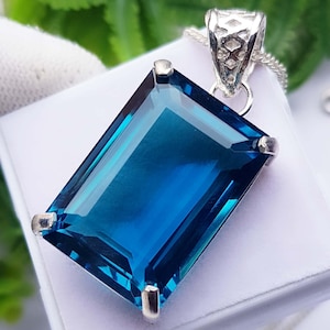 Grande ciondolo con topazio blu di Londra in argento massiccio, pietra preziosa, regalo per Everting 65 carati