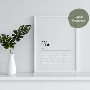 May include: A white framed print with the name "Ella" in black script and a definition below. A white vase with green leafy stems is to the left. A green circle with "Digital Download" is in the upper right corner. The print is on a white surface.
