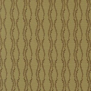 May include: A fabric featuring a repeating pattern of dark brown vertical wavy vines with small leaves set against a solid olive green background. The design consists of parallel undulating lines that create a consistent botanical motif across the surface.