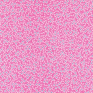 May include: A pink fabric with a white and blue floral pattern. The pattern features small white flowers with blue centers and white stems.