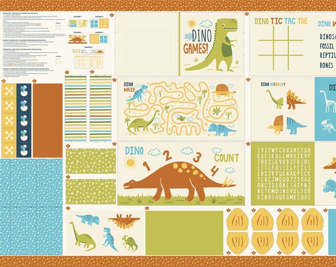 Stomp Stomp Roar Activity Book Panel 2082611 Multi by Stacy Iest Hsu for Moda Fabrics. Panel is