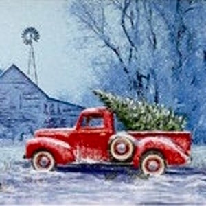 Picture a Christmas Red Truck Panel (PD12373) by Riley Blake. Panel is approximately 36” x 43 1/2”.