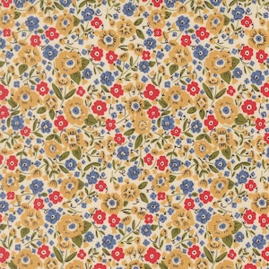 May include: A floral fabric with a repeating pattern of small flowers in red, blue, and yellow on a cream background. The design features detailed blooms and leaves, creating a classic, vintage aesthetic. Ideal for quilting, sewing, or crafting projects.