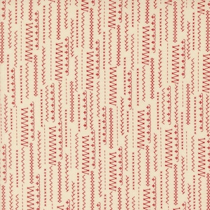 May include: A cream-colored fabric with a repeating pattern of red stitching in various styles. The stitching includes straight lines, zigzags, and wavy lines.