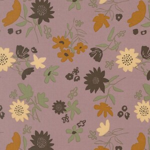 May include: A fabric pattern featuring a dusty mauve background with a repeating floral design. The print includes stylized flowers in shades of dark brown, mustard yellow, and cream, interspersed with light green leaves and small abstract shapes.
