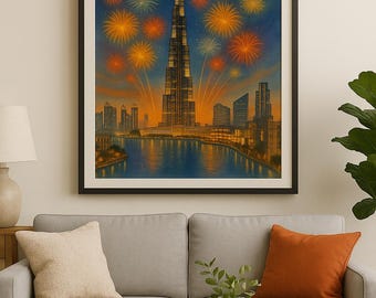 ブルジュ・ハリファの花火ウォールアート | ドバイのスカイラインのお祝いプリント | ランドマーク都市景観デジタルダウンロード | モダンな室内装飾