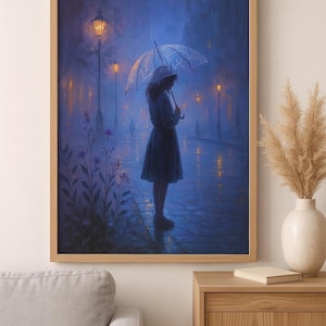 Lámina artística &quot;Chica en la noche lluviosa&quot;: Escena callejera melancólica, decoración azul (Descarga digital)