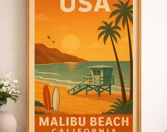 マリブビーチ カリフォルニア ウォールアート 印刷可能 | ヴィンテージ トラベルポスター USA | レトロな海岸ビーチ装飾 | すぐにダウンロードできるウォールアート