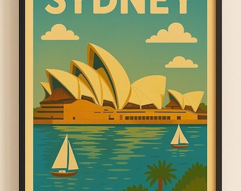 シドニーオペラハウスのウォールアート | ヴィンテージレトロトラベルポスター | オーストラリアシティプリント | 海岸沿いの建築物のホームデコレーション | デジタルダウンロード