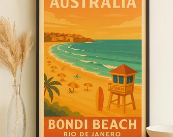 ボンダイビーチのウォールアート デジタルダウンロード • ヴィンテージ旅行ポスター印刷可能 • 海岸の海の装飾 • レトロなオーストラリアのプリント • すぐにダウンロード