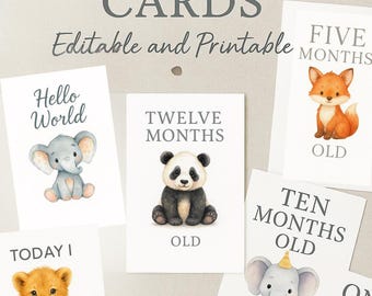 サファリベビーマイルストーンカード | 編集可能なCanvaテンプレート | カスタマイズ可能なベビーフォトプロップ | 16枚の印刷可能なカード、すぐにダウンロード