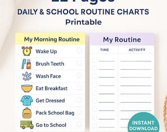 子供向け日課表セット – 朝、就寝、家事スケジュール | 印刷可能な子供向けビジュアルスケジュール | 22ページ、即時ダウンロード