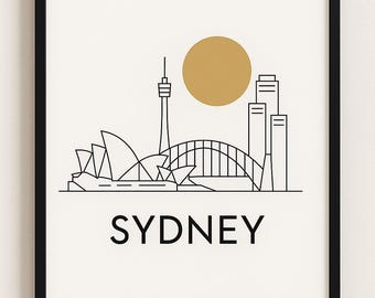 シドニーのミニマリストラインアートプリント｜ブラック＆ゴールドのモダンシティスカイラインウォールアート｜印刷可能なデジタルダウンロード｜旅行用ホームデコレーション