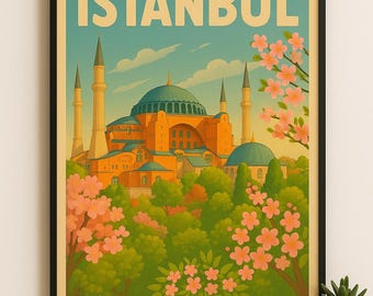 イスタンブールのウォールアート | レトロなアヤソフィアのヴィンテージ旅行ポスター | 印刷可能なデジタルダウンロード | ホームデコレーション