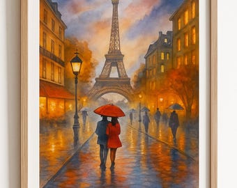 ロマンチックなパリのウォールアートプリント | エッフェル塔の水彩画 | 雨のパリの街路装飾 | デジタルダウンロード | パリのホームデコレーションギフト