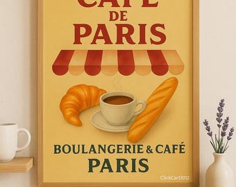 カフェ・ド・パリのヴィンテージポスター：フランスのベーカリーキッチンアート（デジタルダウンロード）