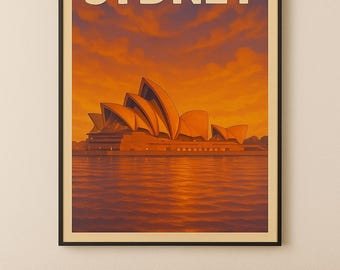 シドニーオペラハウスの夕日のウォールアート | ヴィンテージ旅行ポスター | ドラマチックなオレンジ色の空 | シドニー沿岸の印刷可能な装飾