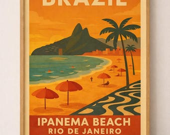 ブラジルのイパネマビーチのウォールアート（印刷可能）｜リオデジャネイロのヴィンテージ旅行ポスター｜レトロなビーチデコレーション｜海岸沿いのウォールアート（ダウンロード）