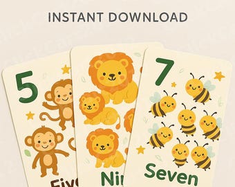 印刷可能な動物の数字フラッシュカード 1～10 | 子供向け学習カード | 保育園の教室装飾 | すぐにダウンロードできる教育アクティビティ