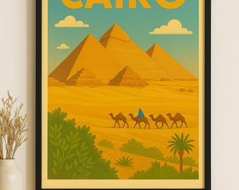 カイロのピラミッドのウォールアート | ヴィンテージ旅行ポスター | エジプトの砂漠の風景プリント | すぐにダウンロード | 室内装飾用のデジタルウォールアート